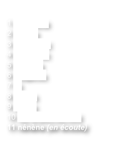 
1 chamacha
2 krishna
3 In ti sentier
4 à quoi bon
5 mandela
6 indigènes
7 toi
8 marina
9 moufia
10 sur le pont du nord
11 nénène (en écoute)